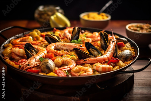 Typical Spanish food Paella on granite background photo