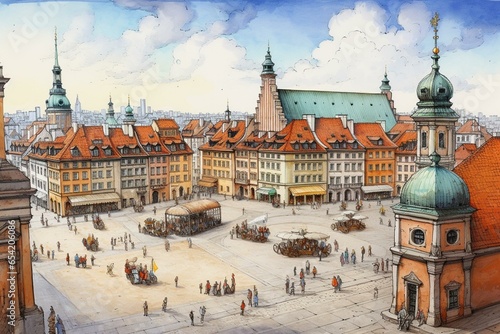 Hand-drawn sketch of Warsaw's Castle Square. Generative AI
