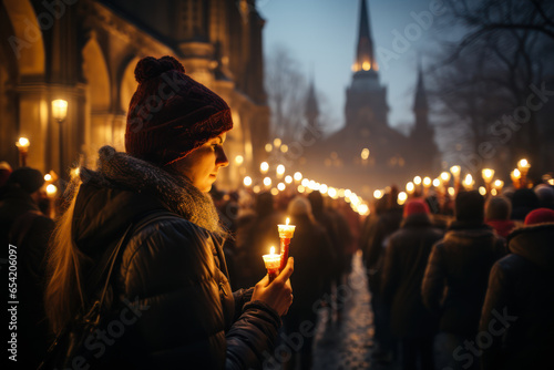 A candlelit vigil at churches across Poland, fostering a sense of unity and reflection. Generative Ai.