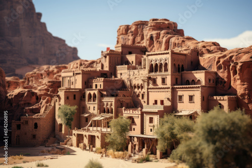A panoramic view of the ancient city of Petra, Jordan, with its iconic rose-red sandstone architecture carved into the cliffs. Concept of archaeological wonders in the Near East. Generative Ai.