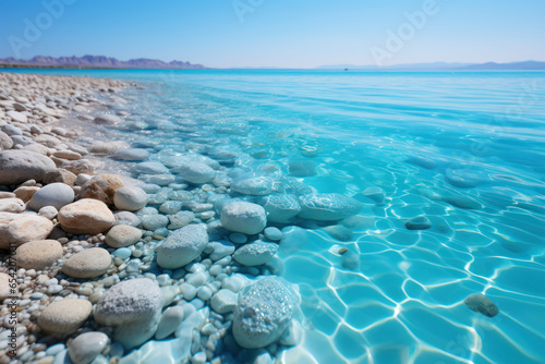 The radiant blue waters of the Dead Sea, where tourists float effortlessly due to its high salt content. Concept of unique natural wonders in the Near East. Generative Ai.