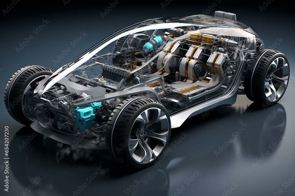 An environmentally friendly car with a disassembled structure, electronic components, hydrogen and lithium-ion batteries. It has a charging capability, efficient engine, safety seat,. Generative AI