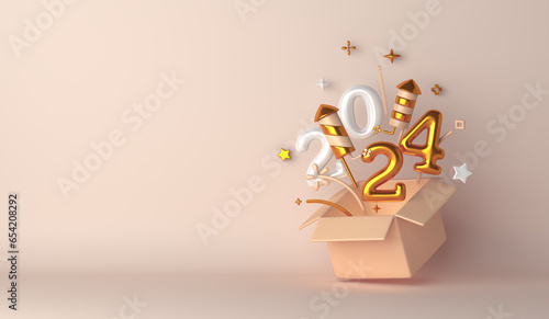 Happy new year 2024 decoration background with opened gift box, balloon number, firework rocket, copy space text, 3D rendering illustration