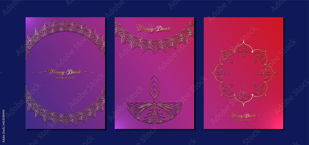 Fototapeta premium Happy Diwali Festival of Lights India Celebration set colorful template. Vertical banner design of Indian Diya Oil Lamps, Modern Design in vibrant color. Vector Indian art style, luxury background