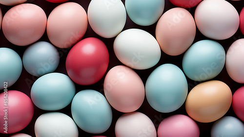 Pastel Colorful painted Easter eggs background texture top view. Many Bright and Colorful Easter Eggs Filling the Background. They are hand-painted or dyed. It's a closeup, or macro, 