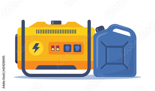Portable electric power generator and canister with petrol, gasoline. Technology, electricity, energy concept. Vector illustration.