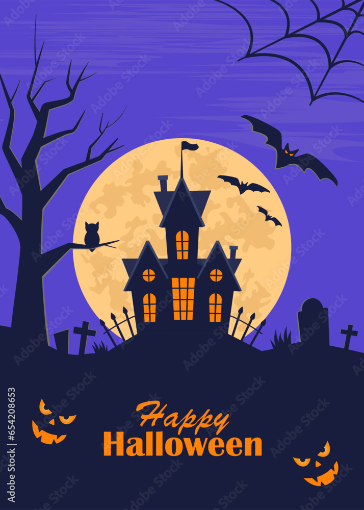 Halloween poster, scary party invitation flyer, banner. Dark castle, moon, bats, graves, tombstones, crosses, tree, owl, pumpkins. Halloween night vector illustration.
