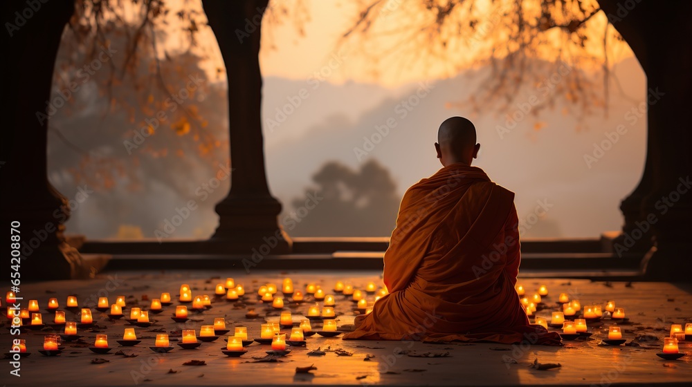 Buddhist monk from back sitting in meditation - obrazy, fototapety, plakaty 