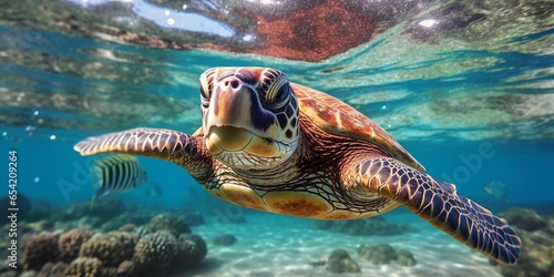 Portrait of a Sea Turtle Swimming in the Sea