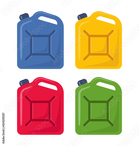 Set of Jerrycans. Canisters for petrol, gasoline and engine oil. Vector illustration.