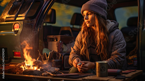 lonely girl, vanlife, camping, sitting by the fire