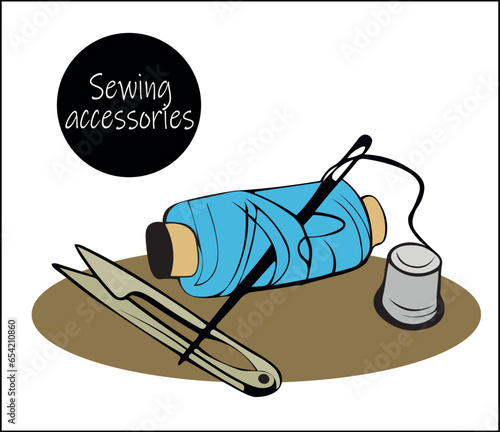 Set of sewing accessories for needlework and sewing. spool of thread with needle, thimble for dressmaker.