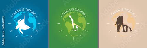 Clock is ticking concept. National Endangered Species Day, World Animal Day. Silhouette of giraffe, turtle, elephant. Awareness for illegal hunting, killing, and animal abuse. Vector Illustration. Set