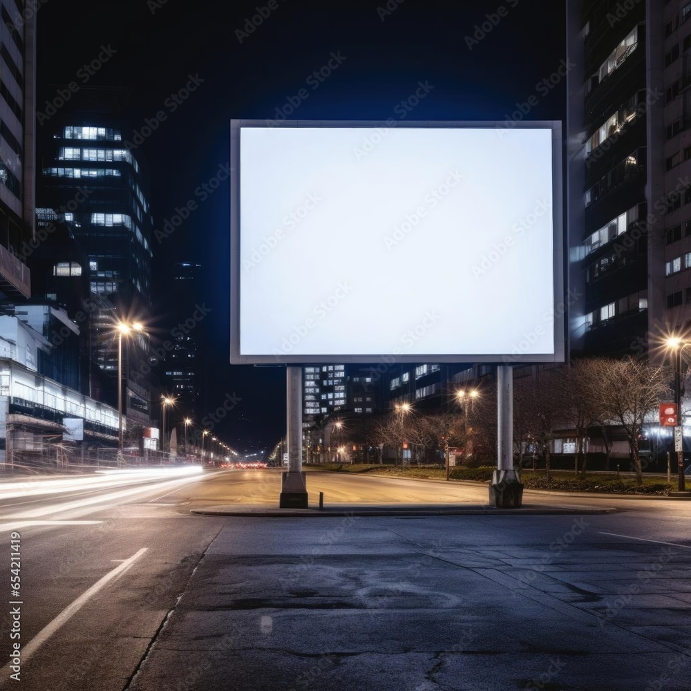 Blank billboard in the city at night. Street light.