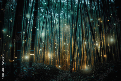 In a moonlit bamboo grove, fireflies gather to form intricate, shifting constellations, illuminating the night with their synchronized bioluminescent ballet.