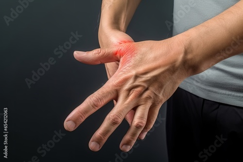 Pain in hand of Asian man. Concept of hand pain, tendinitis and joint problems, Generative AI photo