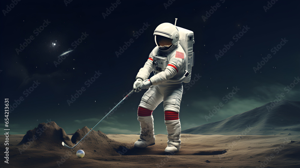 Astronauts are playing golf on the moon. - obrazy, fototapety, plakaty 