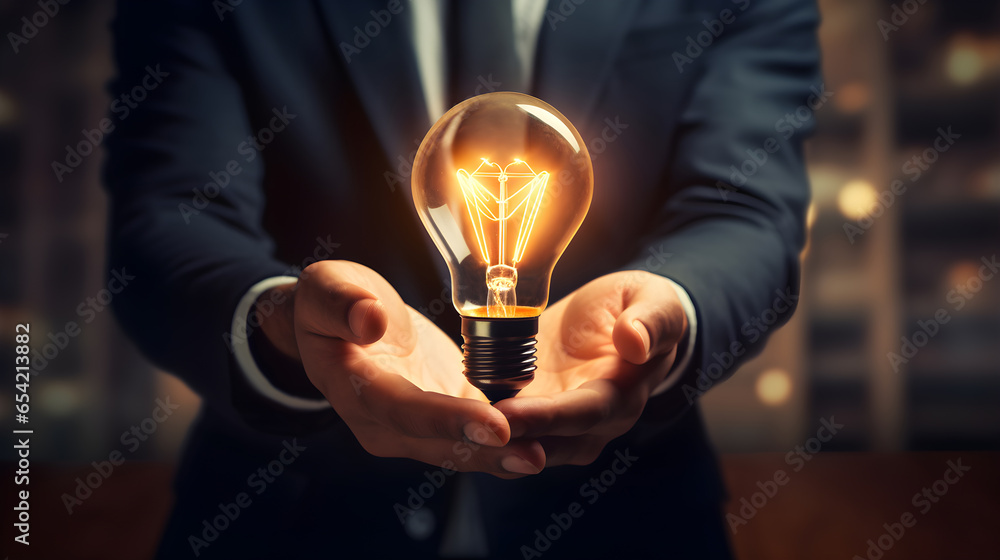 Light bulb in the hand of a businessman creative concept Focus on hand, closeup, blurry man.background Light bulb in the hand of a businessman creative concept Focus on hand, closeup, blurry man.background