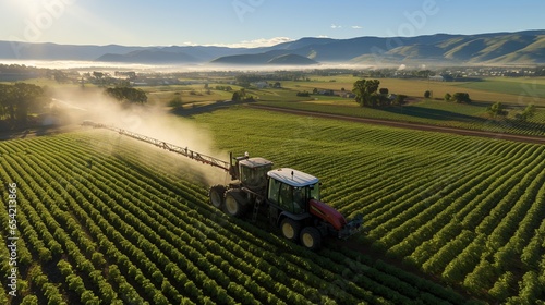 Aerial view of Tractor Spraying Pesticides in soybean field  Tractor sprays soybeans in spring. Generative Ai