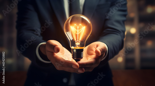 Light bulb in the hand of a businessman creative concept Focus on hand, closeup, blurry man.background