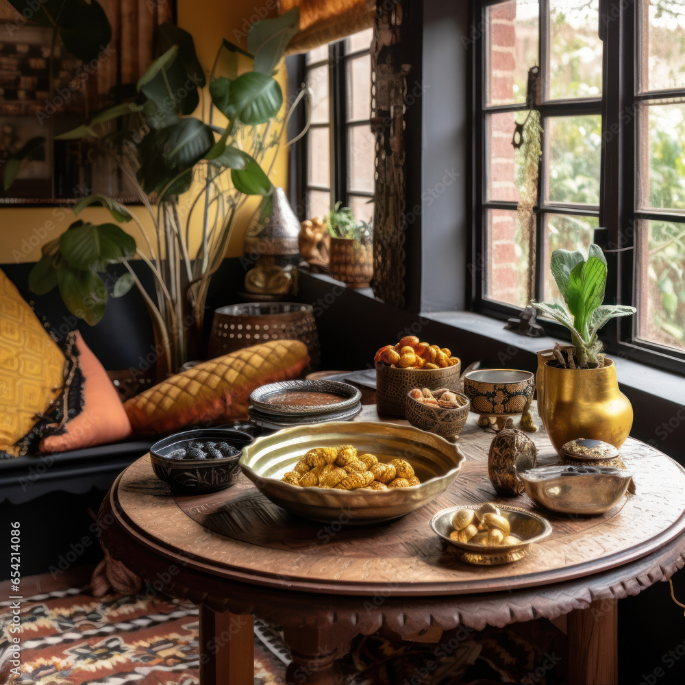  a Indian house with a brass table poufs
