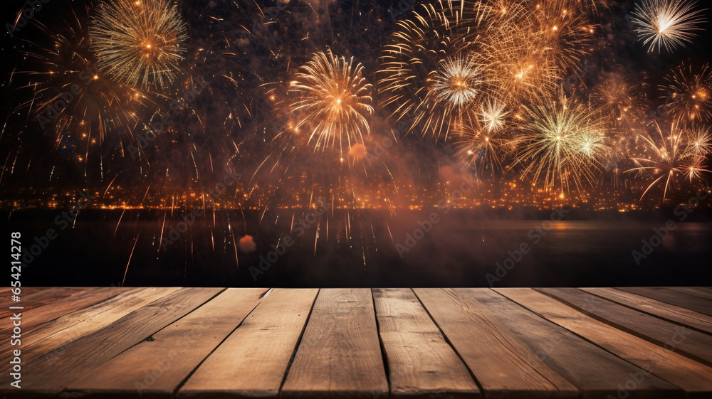 Empty wooden plank table with festive fireworks firecrackers festive day of independence in the sky party holiday celebration.  - obrazy, fototapety, plakaty 