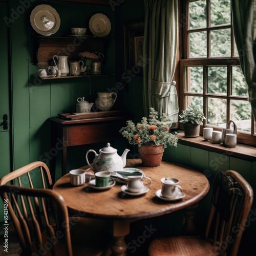 of a cozy cottage with a green table brown
