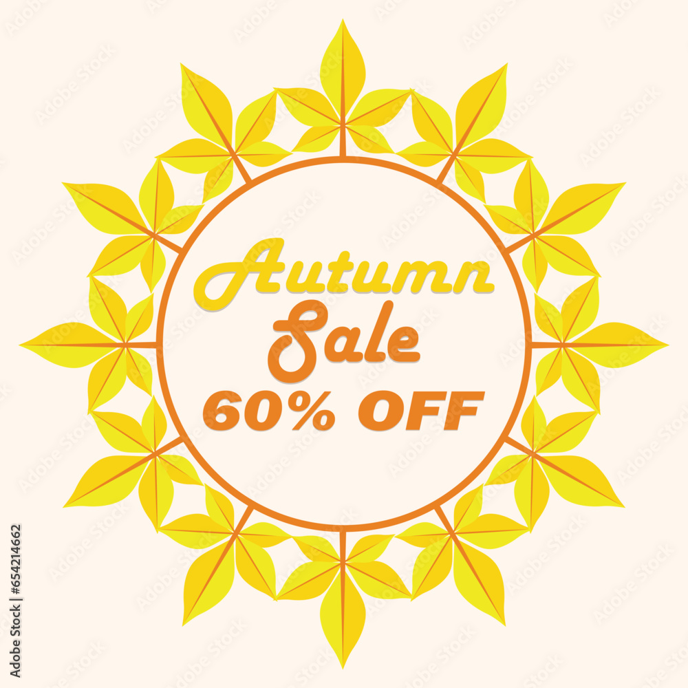 Autumn Sale background, poster or flyer design. Vector illustration with beautiful leaves Retro style frame and text 60 % off. Template for advertising, web, social