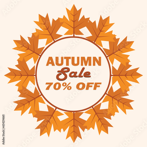Autumn Sale background, poster or flyer design. Vector illustration with beautiful leaves Retro style frame and text 70 % off. Template for advertising, web, social