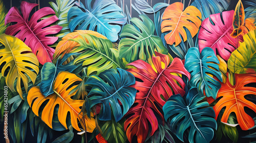 Leaves of exotic plants in street art style created with Generative Ai © Andrii Yablonskyi