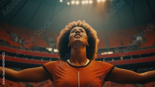 Portrait of young african american woman in sportswear looking up