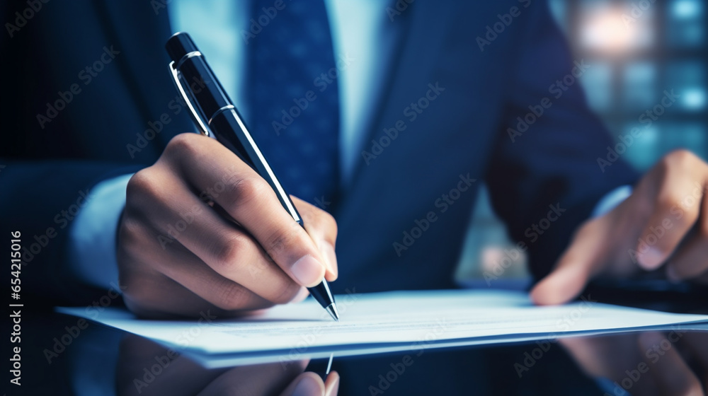 Businessman using pen to tick correct sign mark in checkbox for quality document. AI Generative. - obrazy, fototapety, plakaty 