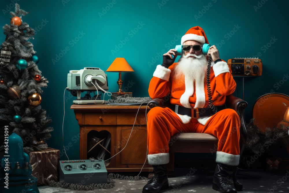 Santa Clause listen carefully the wishes for christmas or new year's eve through the radio station. Retro vintage style of message transmission. Colorful background. - obrazy, fototapety, plakaty 