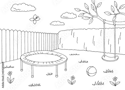 Trampoline in the garden graphic black white sketch illustration vector