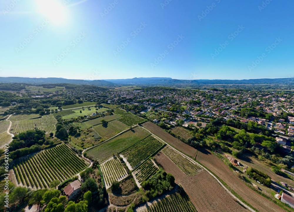 Aerial Panorama of Pertuis: Summer Horizon in Vaucluse, Luberon - Panoramic Drone View of Meadows, Vineyards & Nature in Provence-Alpes-Côte d'Azur, France