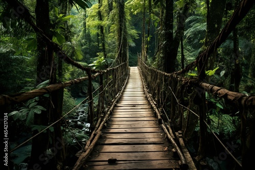Wooden bridge in Thai jungle. Generative AI © Kato