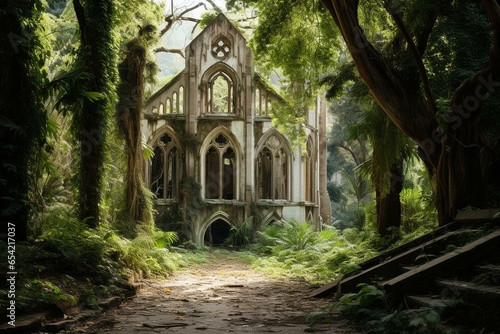 a neglected religious building surrounded by trees. Generative AI