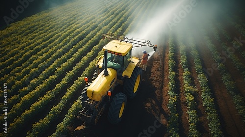 Aerial view of Tractor Spraying Pesticides in soybean field, Tractor sprays soybeans in spring. Generative Ai