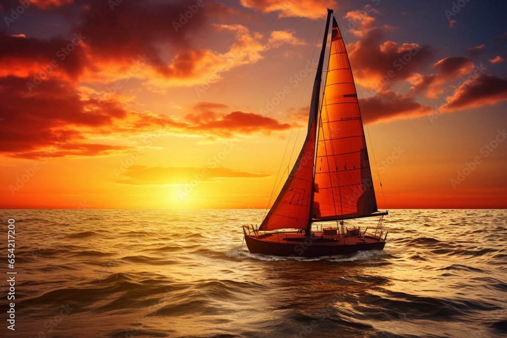 Yacht sailing on sea during sunset. Generative AI