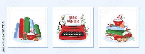 Books with winter holiday decor. Set of layout design for bookshop, library, bookstore, festival or education. Vector illustration
