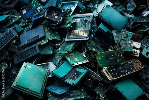 Heap of electronic waste for recycling, emphasizing need for proper management and recycling. Generative AI