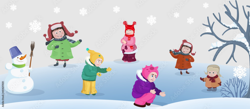 Winter outdoor activities with kids and snowman. Children playing snowballs, sledding and ice skating outdoor in winter. Winter outdoor activities with kids and snowman. Children playing snowballs, sledding and ice skating outdoor in winter.