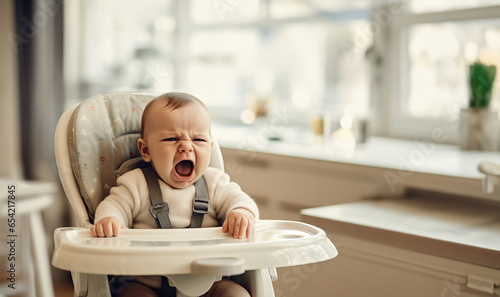 Cute baby crying. Wayward little toddler child or infant baby crying that don't want eating food on baby chair Cute infant children get hungry and want new food Children get dirty Kid get tantrum 
