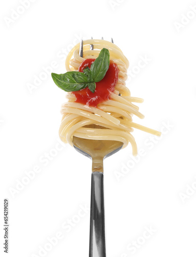 Fork with tasty pasta, basil and tomato sauce isolated on white