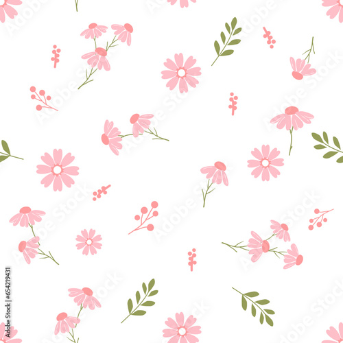 Seamless pattern with pink flower and green leaf on white background vector illustration.
