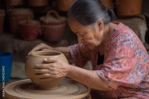 Woman making pot workshop art. Ceramic craft. Generate Ai