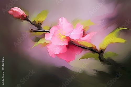 A blurry pink flower on a branch with a yellow leaf, pink flowers, and a green stem. Generative AI