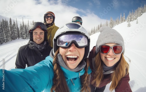 Diverse group of smiling snowboarders taking selfie on a snowy mountain. Generative AI