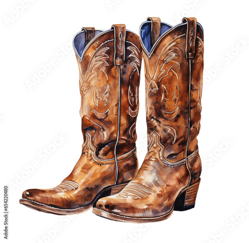 Watercolor illustration of cowboy boots. Generative AI, png image.