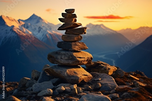 Heap of stones on mountain peak during sunset. Generative AI